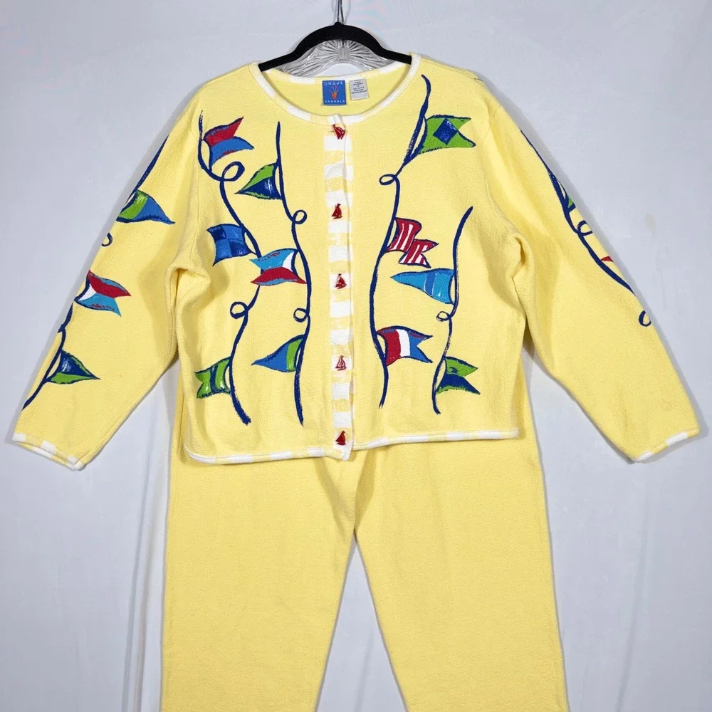 Vtg ONQUE Nautical Lounge Set Cardigan M & Pants L Yellow Cotton Coastal 90s Y2K